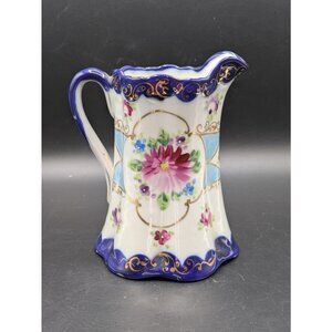Antique Pitcher Creamer Porcelain Cobalt Blue Hand Painted Floral Gold Gilt 18oz